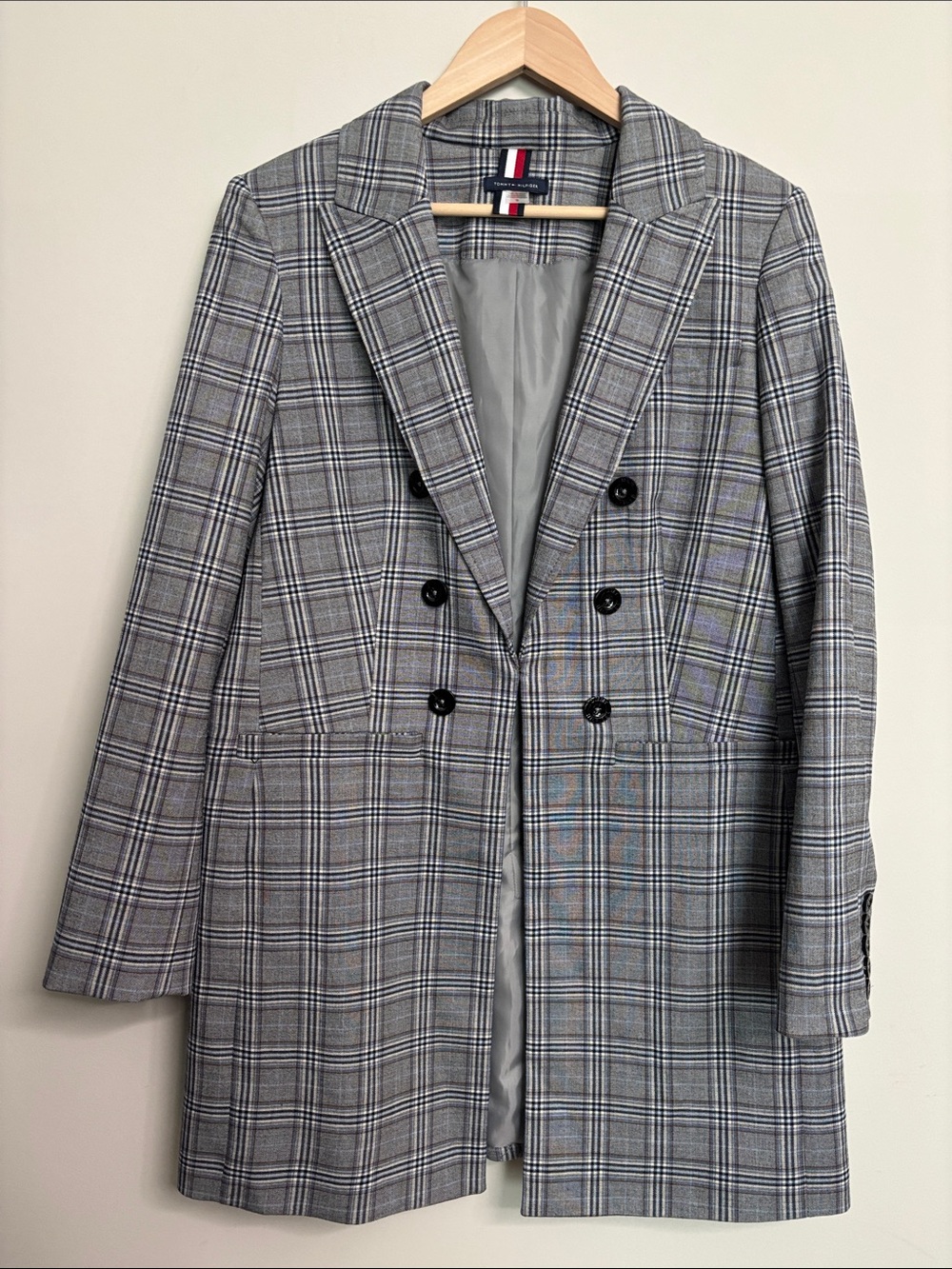 Tommy Hilfiger Gray Plaid Double-Breasted Trench Coat